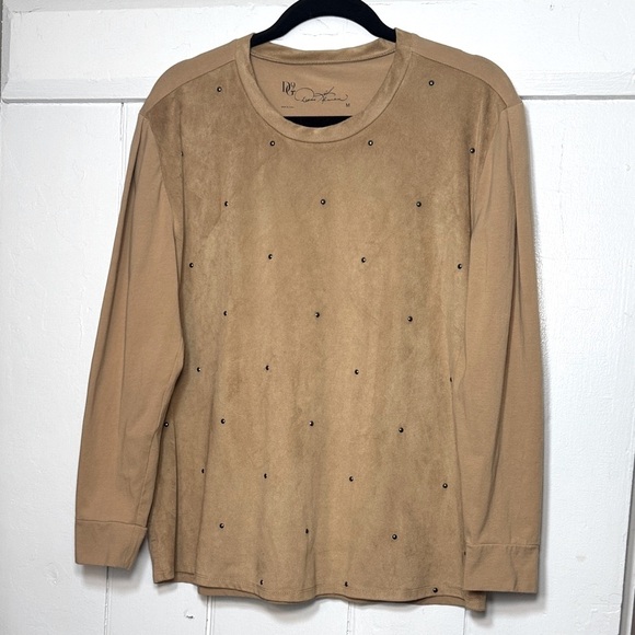 Diane Gilman Tan Faux Suede Mixed Media Long Sleeve Top with Stud Accents - Picture 1 of 7